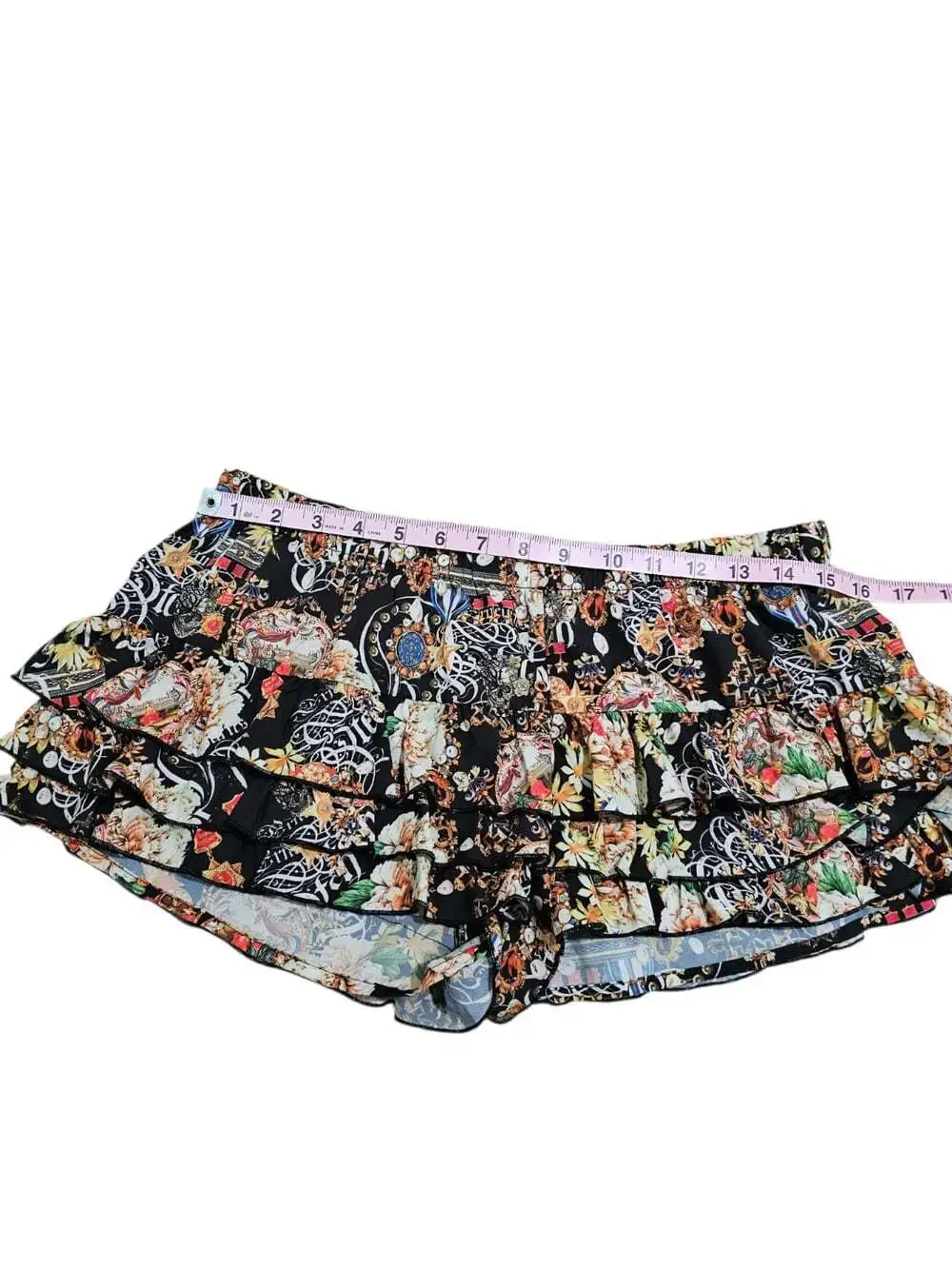 Lisa Blue Women's US 10 Large Black Silk Baroque Print Ruffled Mini Shorts Y2K